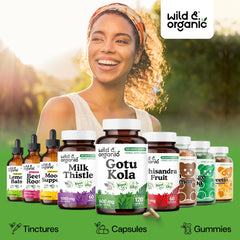 Wild & Organic Gotu Kola capsules daily-use bottle beside glass