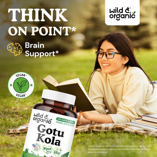 Wild & Organic Gotu Kola capsules label detail highlights vegan, non-GMO formula