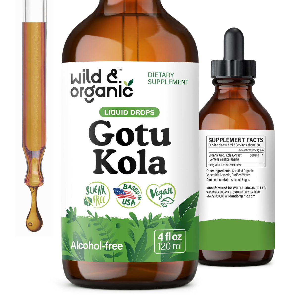 Wild & Organic gotu kola drops bottle with dropper for focus support