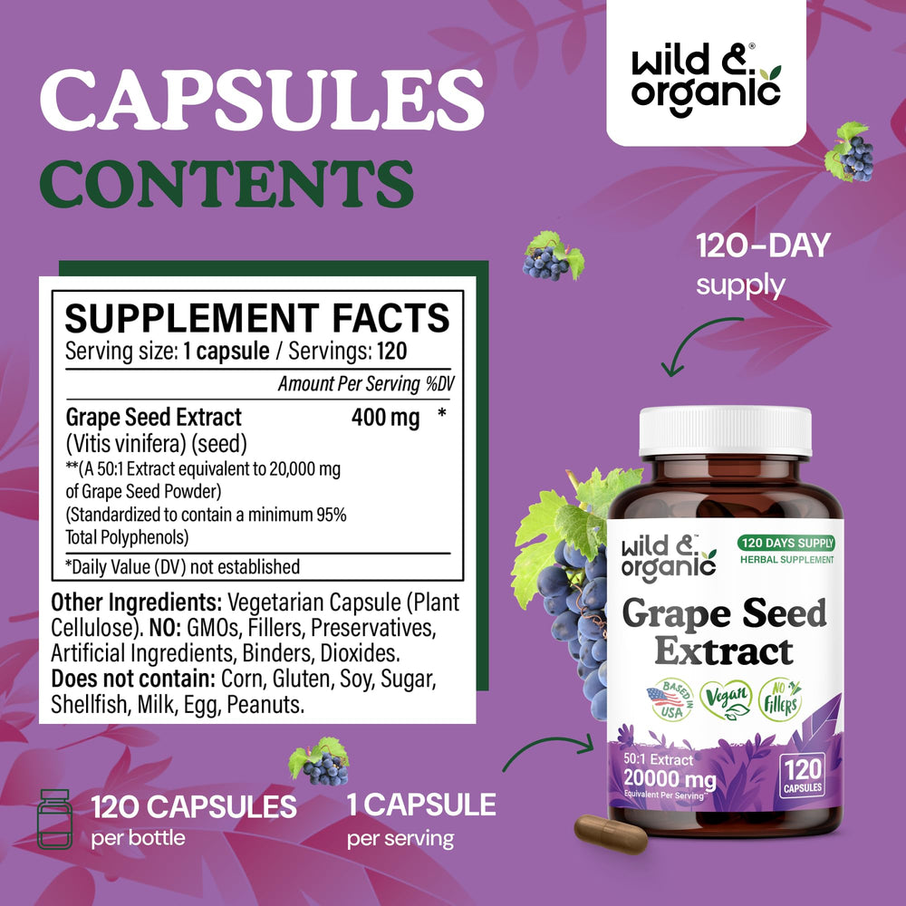 Wild & Organic Grape Seed Extract Capsules easy swallow design for daily use
