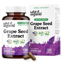 Wild & Organic Grape Seed Extract Capsules packshot highlighting vegan, Non-GMO formula