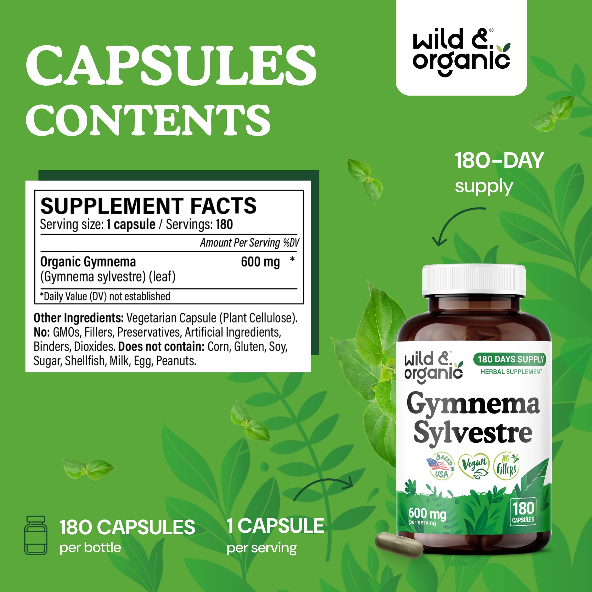 Close-up of Wild & Organic Gymnema Sylvestre label, vegan and non-GMO formula.