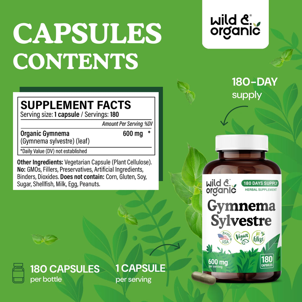 Close-up of Wild & Organic Gymnema Sylvestre label, vegan and non-GMO formula.