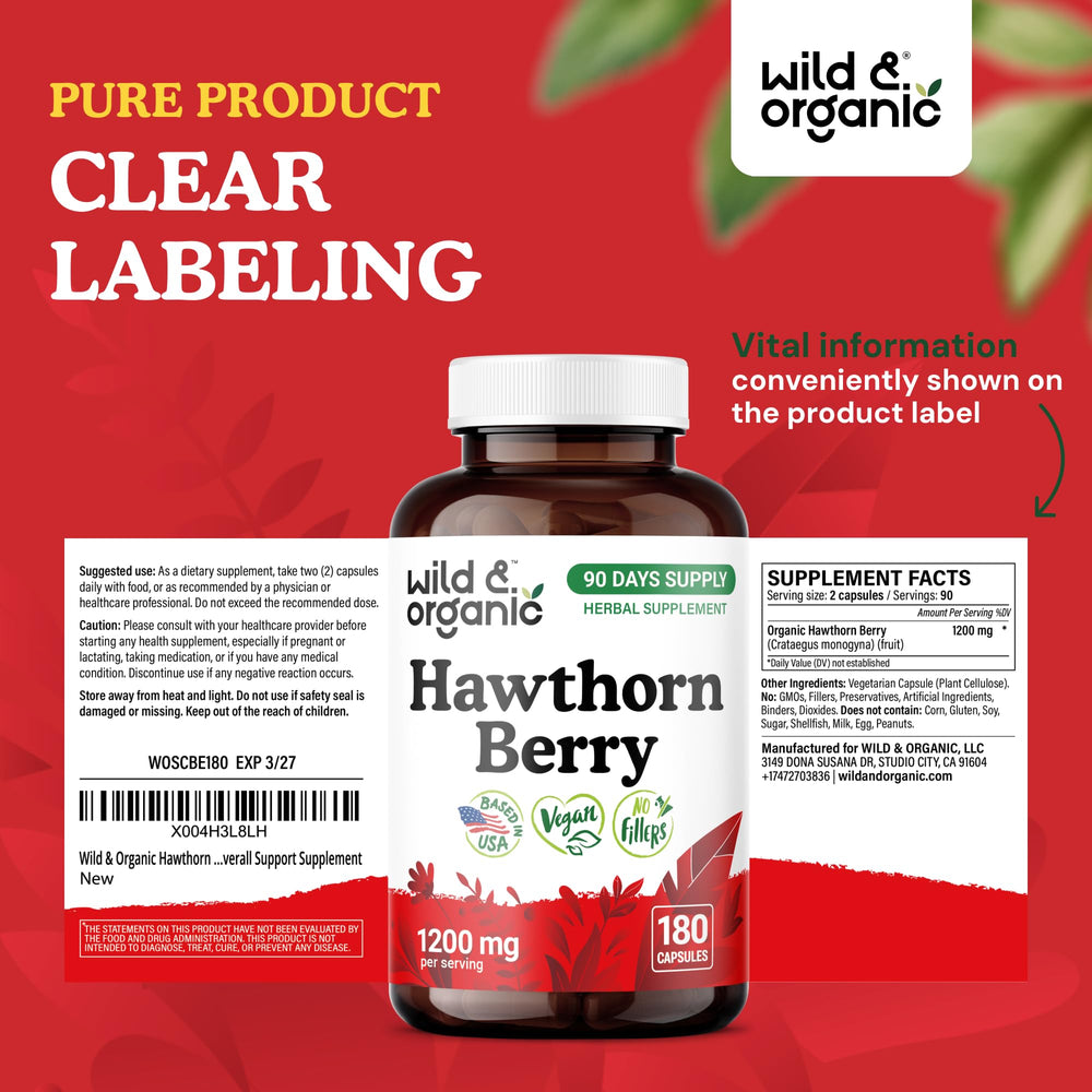 Wild & Organic hawthorn 180-count bottle designed for a 90-day supply.