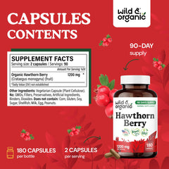 Wild & Organic hawthorn berry powder capsule close-up highlighting quality ingredients.