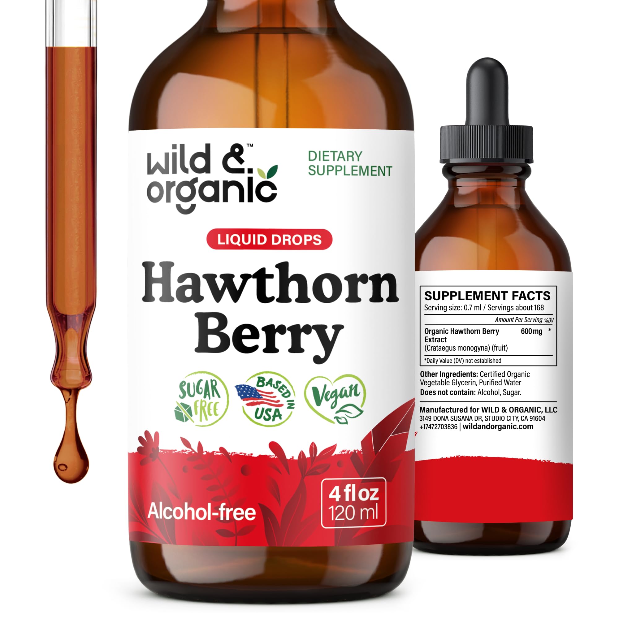 Wild & Organic Hawthorn Berry Tincture bottle with 600 mg extract for daily support.
