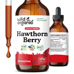 Wild & Organic Hawthorn Berry Tincture bottle with 600 mg extract for daily support.