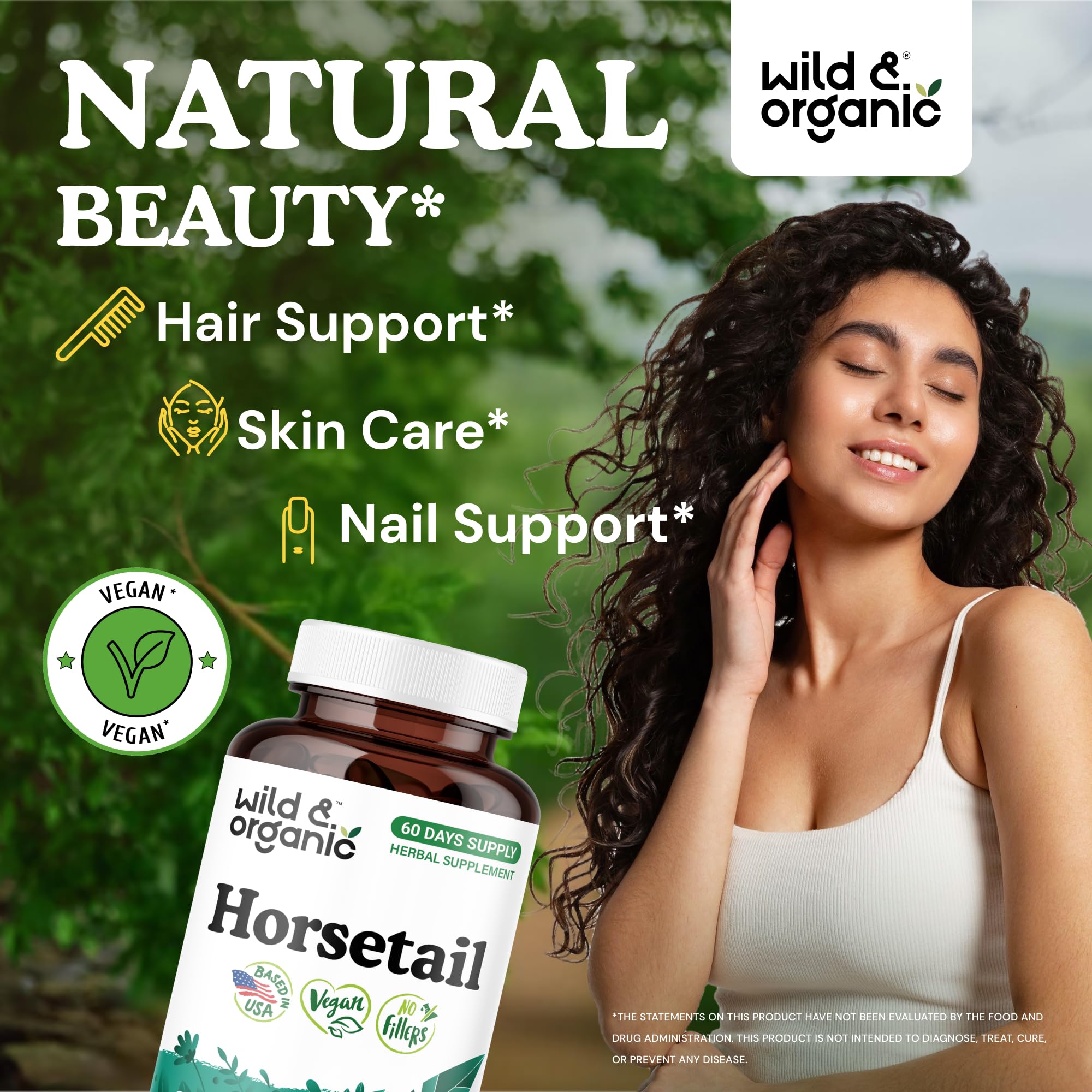 Wild & Organic horsetail capsules bottle back, detailing vegan, non GMO formula.