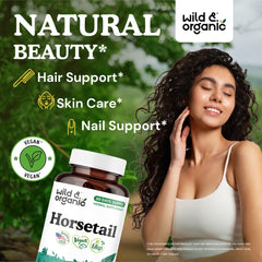 Wild & Organic horsetail capsules bottle back, detailing vegan, non GMO formula.