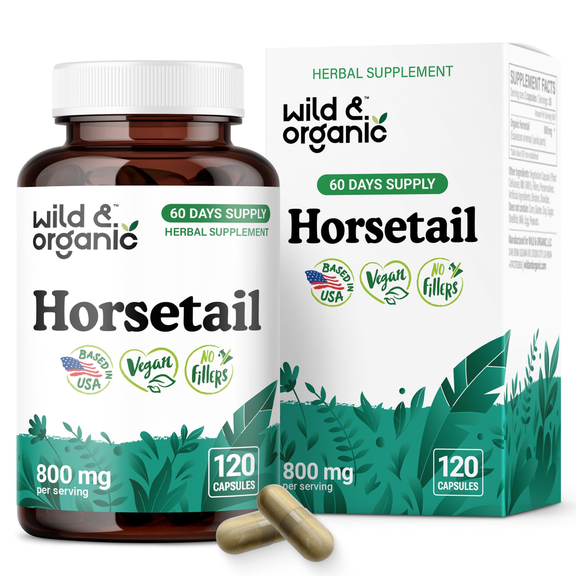 Wild & Organic horsetail capsules bottle front, showcasing natural wellness support for hair, skin, nails.