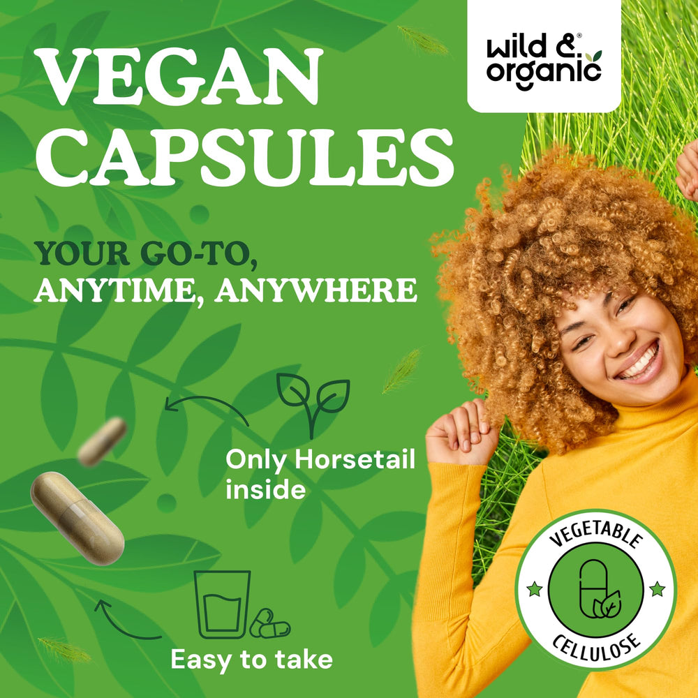 Wild & Organic horsetail capsules close up showing smooth texture for easy daily use.