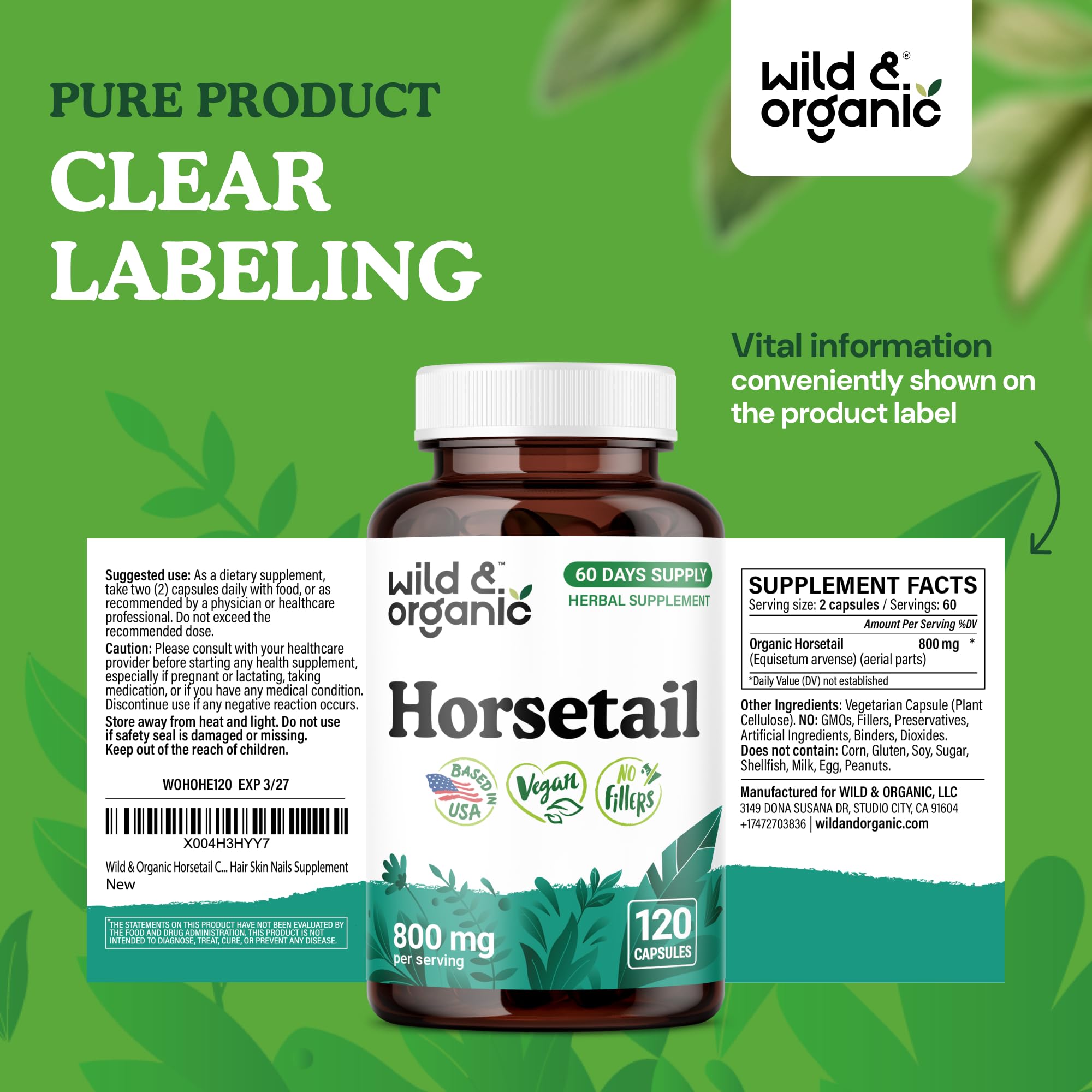 Wild & Organic horsetail capsules daily use image, illustrating convenient two capsule serving.