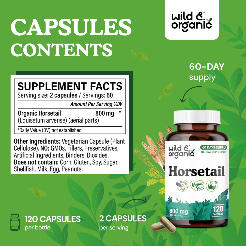 Wild & Organic horsetail capsules packaging label, highlighting 60 day vegan supplement supply.