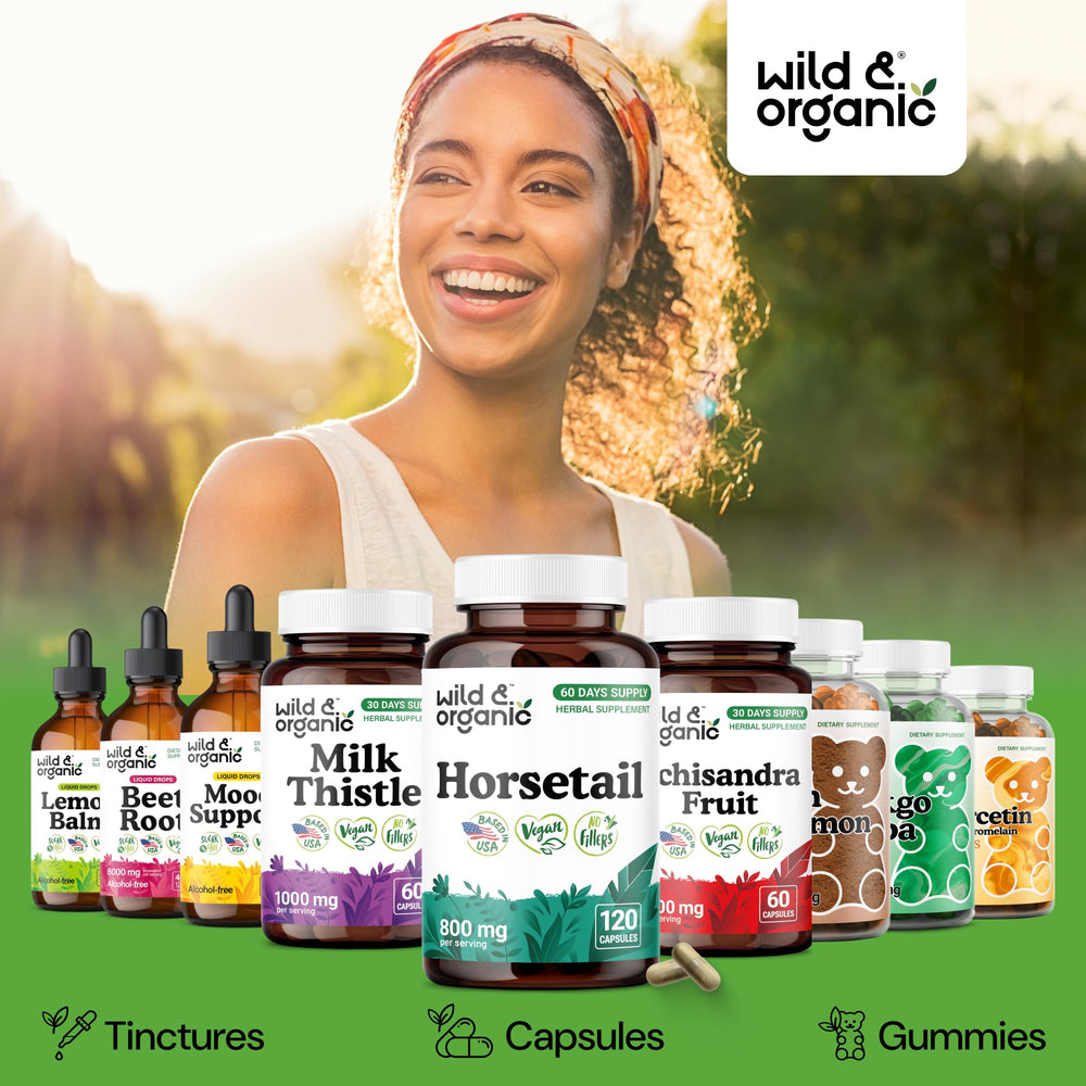 Wild & Organic horsetail capsules vegan label, signaling non GMO, cruelty free commitment.