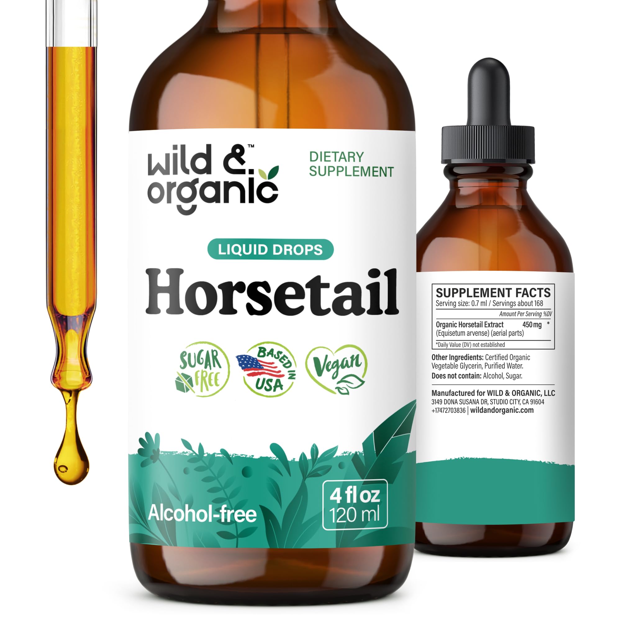 Wild & Organic Horsetail Tincture bottle front for daily hair and skin support.