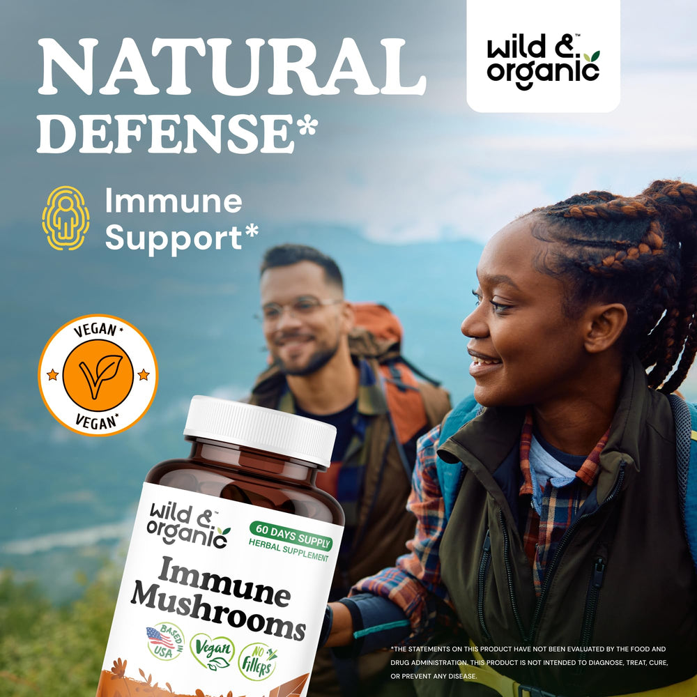 Wild & Organic capsules close-up highlighting vegan, toxin-free formula for wellness.