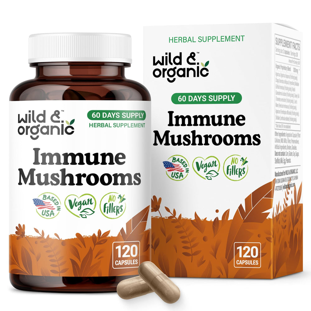 Wild & Organic immune mushroom blend bottle close-up for daily immune support.