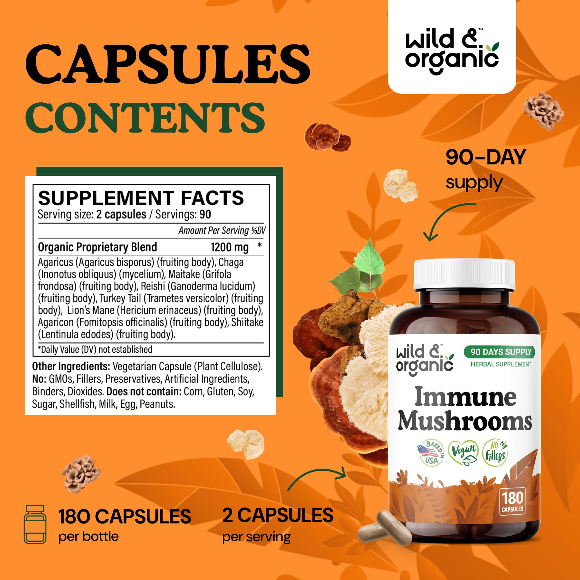 Label closeup of Wild & Organic immune blend, non-GMO and natural.