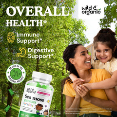 Wild & Organic Kids Irish Sea Moss Gummies bottle back highlights ingredients like bladderwrack for daily wellness