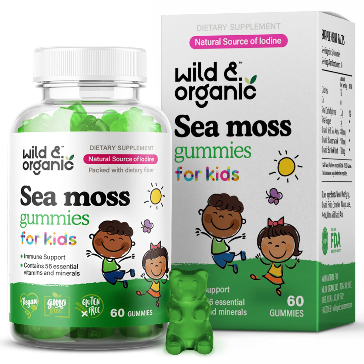 Wild & Organic Kids Irish Sea Moss Gummies bottle front may support immune health