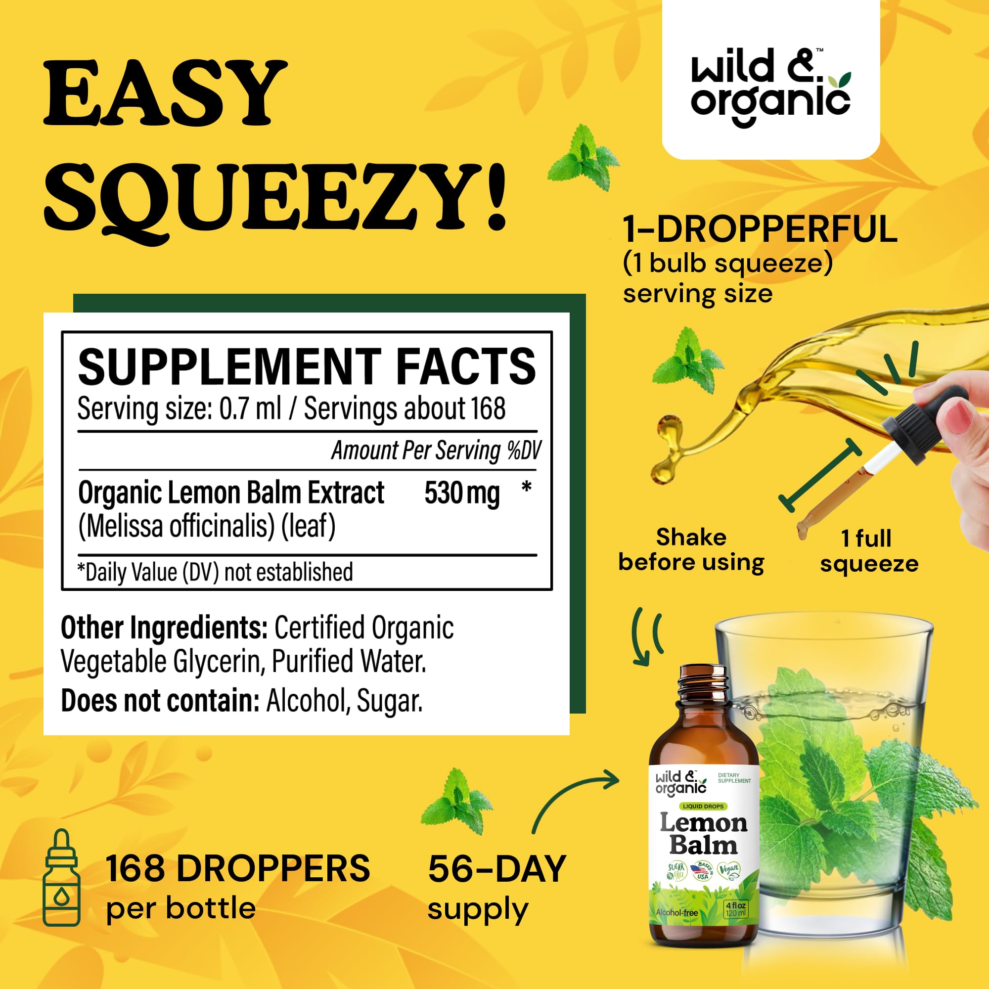 Wild & Organic lemon balm tincture label highlights vegan, alcohol-free formula