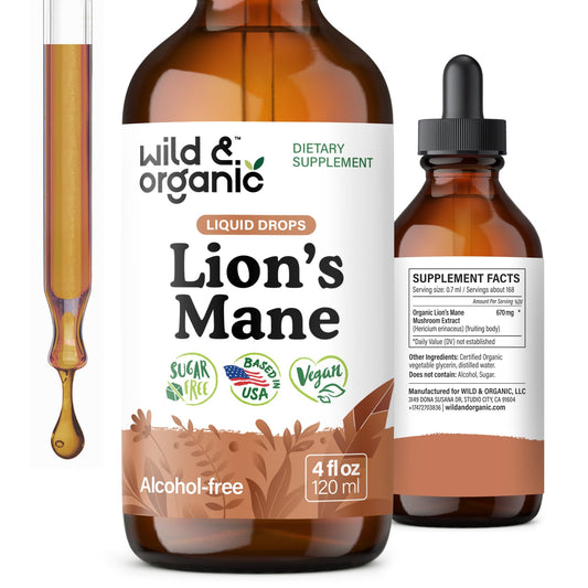 Wild & Organic Lions Mane Drops bottle for focused study sessions