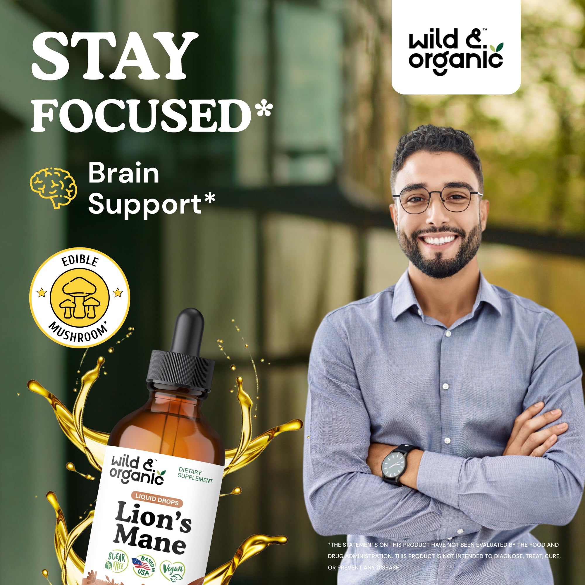 Wild & Organic Lions Mane drops dropper with label supports mental clarity
