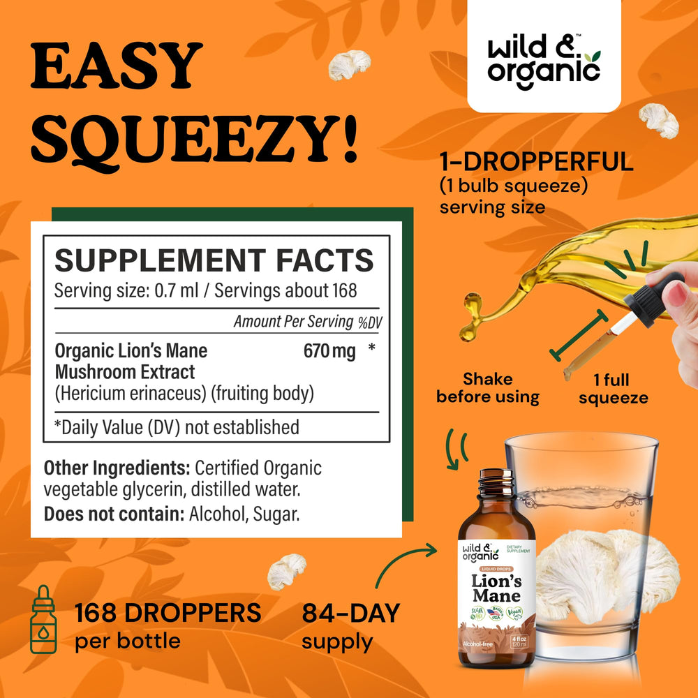 Wild & Organic Lions Mane bottle label highlights vegan formula