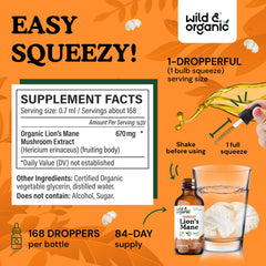 Wild & Organic Lions Mane bottle label highlights vegan formula