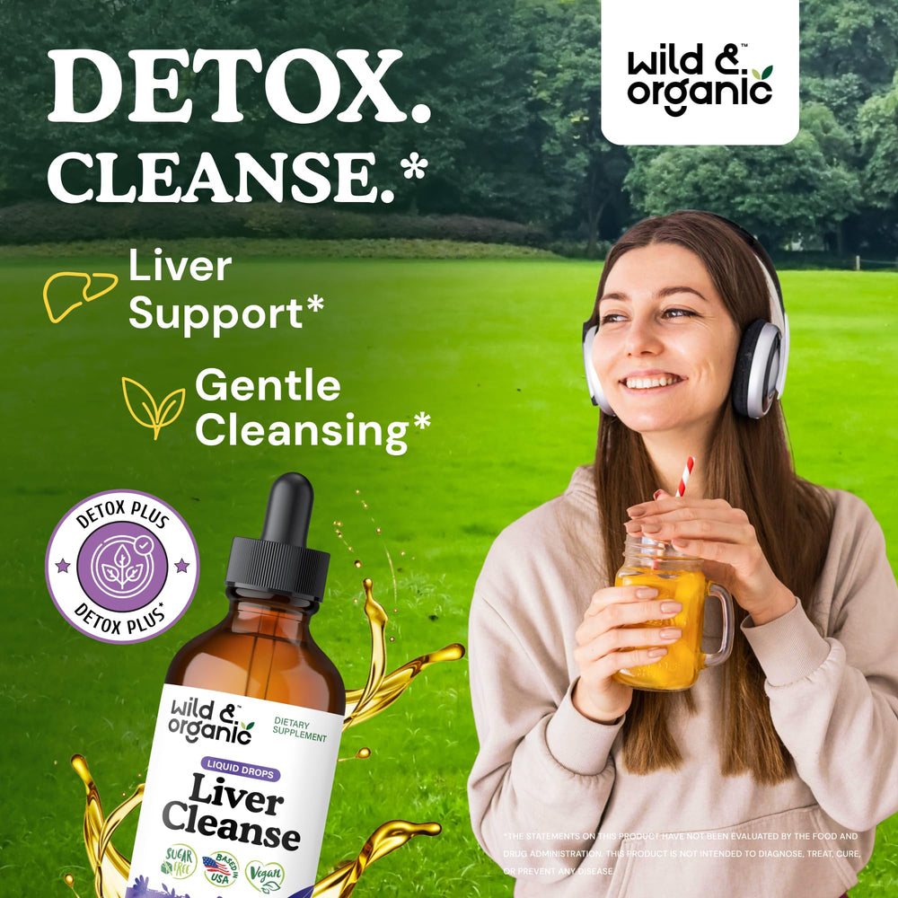 Wild & Organic liver cleanse drops being poured alcohol-free tincture