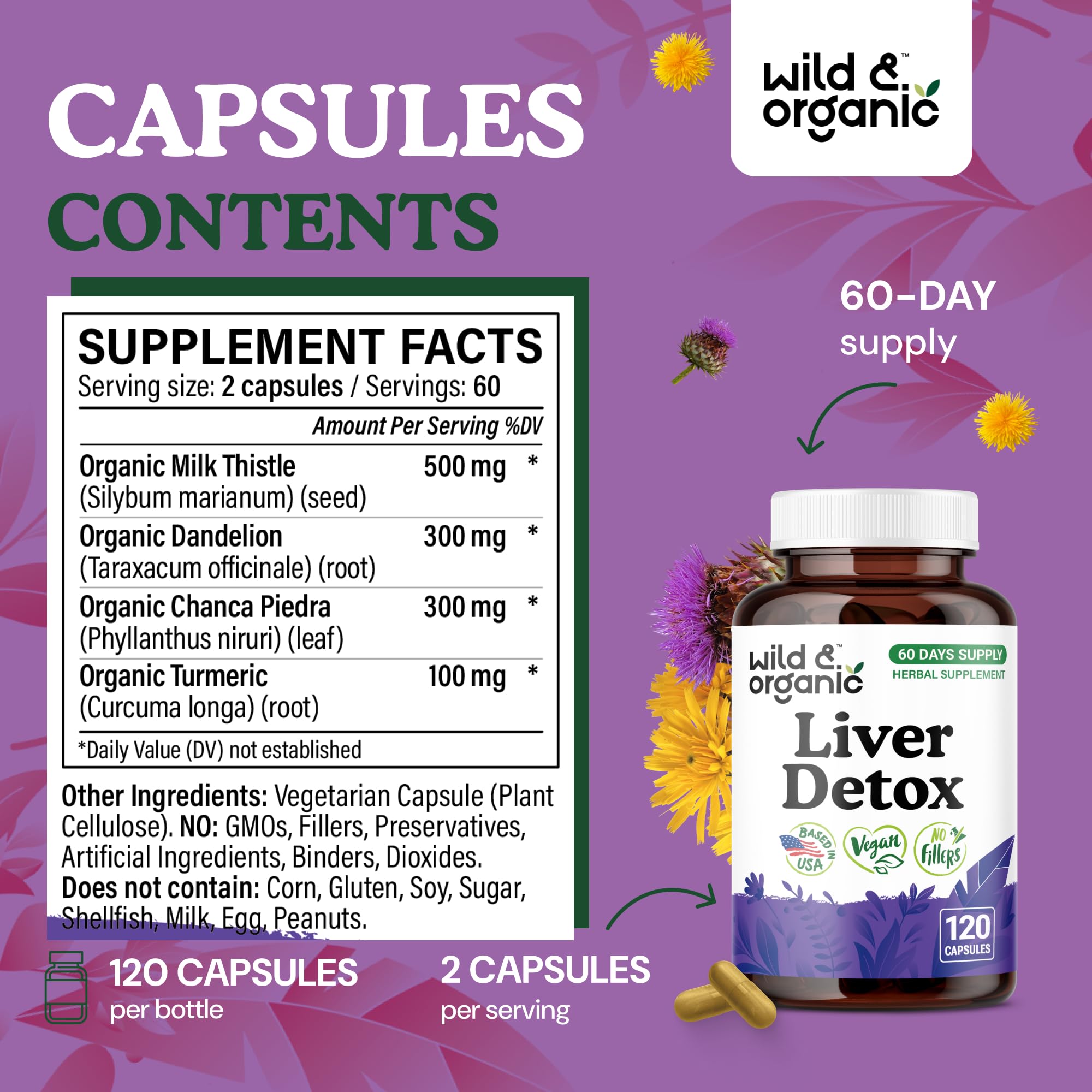Wild & Organic Liver Detox Capsules closeup milk thistle emphasizes primary liver support ingredient