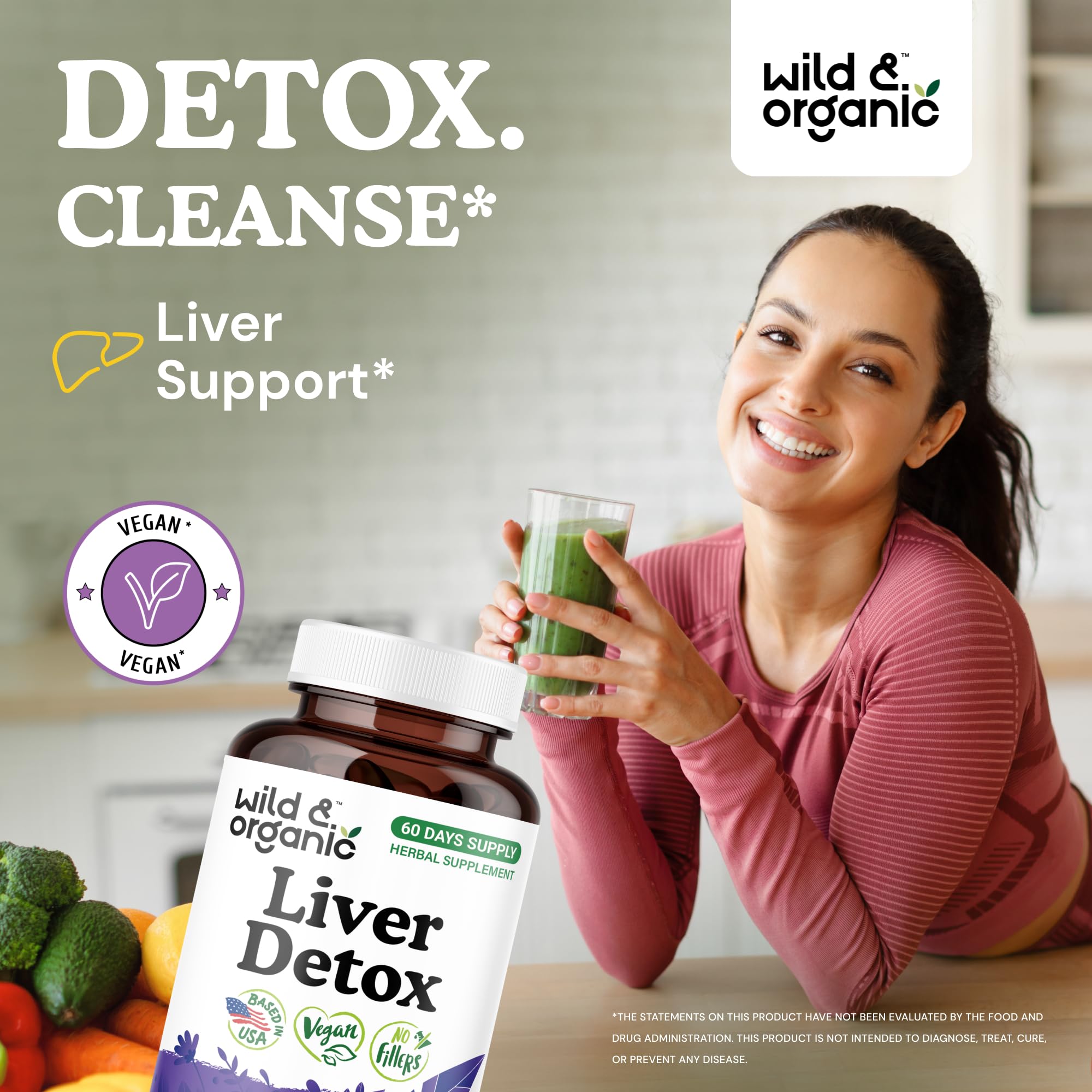 Wild & Organic Liver Detox Capsules packaging label highlights plant-based, non-GMO ingredients