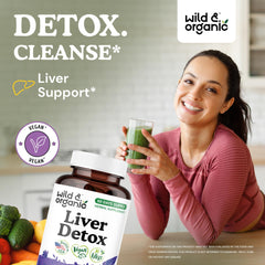 Wild & Organic Liver Detox Capsules packaging label highlights plant-based, non-GMO ingredients