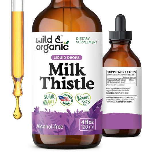 Wild & Organic milk thistle bottle front view highlighting liver detox support