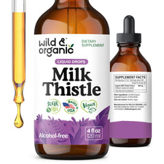 Wild & Organic milk thistle bottle front view highlighting liver detox support