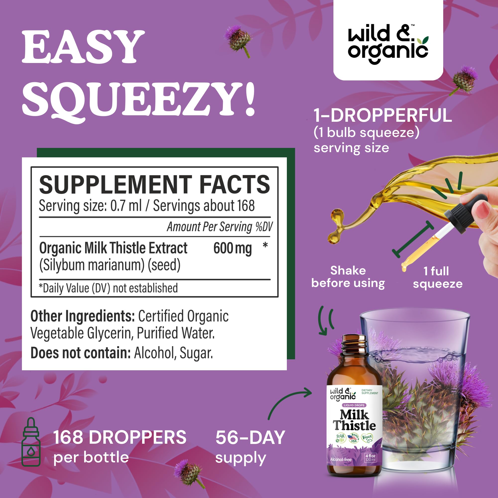 Wild & Organic milk thistle bottle label close-up showing vegan, alcohol-free formula