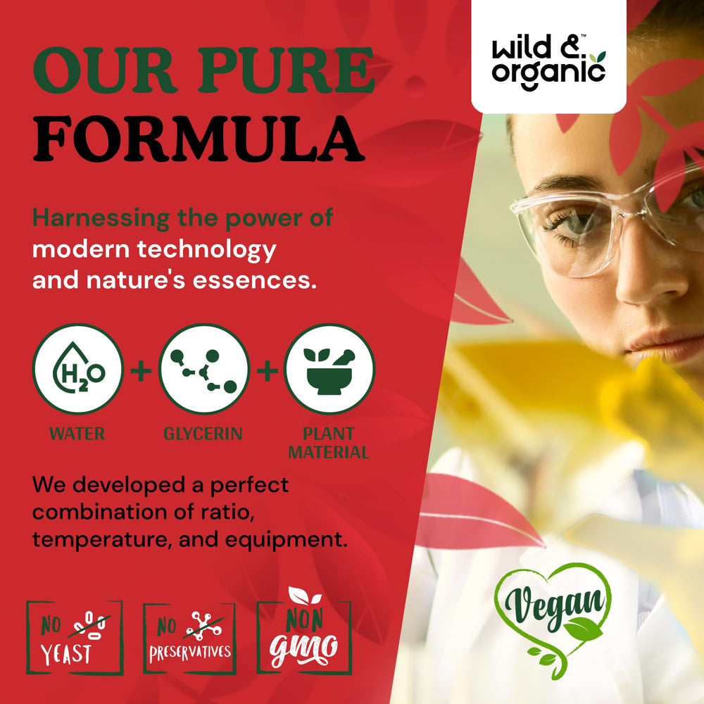 Natural ingredients symbol emphasizes alcohol-free formulation and plant-based drops.