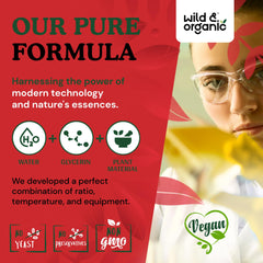 Natural ingredients symbol emphasizes alcohol-free formulation and plant-based drops.