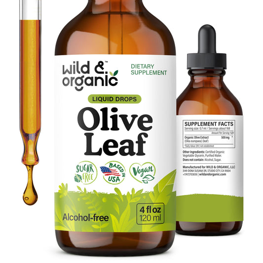 Wild & Organic olive leaf liquid extract bottle with dropper for daily immune support