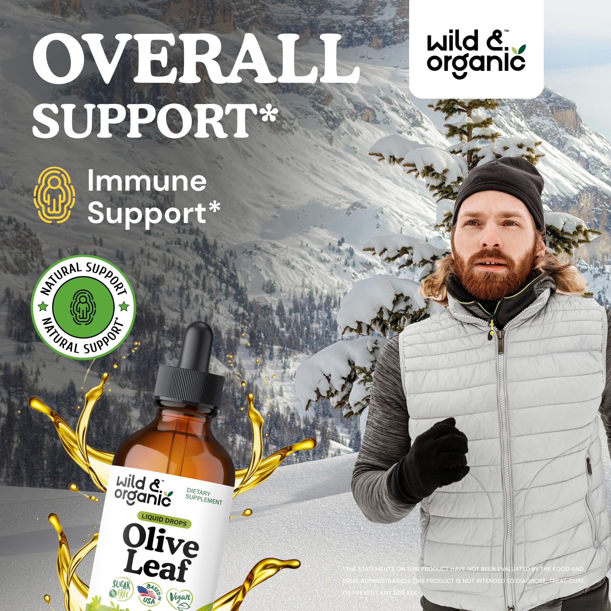 Wild & Organic olive leaf extract label showing 500 mg per serving