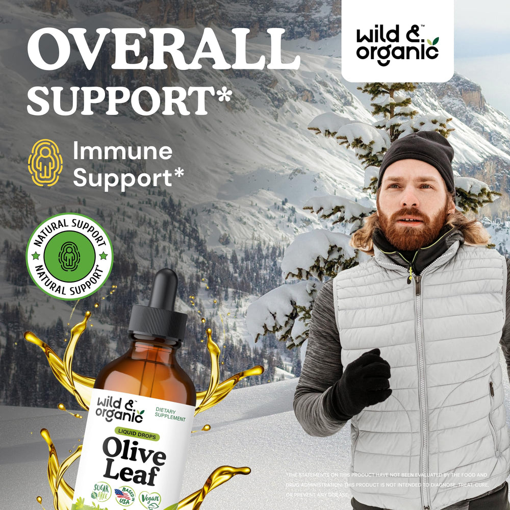 Wild & Organic olive leaf extract label showing 500 mg per serving