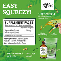 Wild & Organic olive leaf liquid drops over a glass for easy dosing