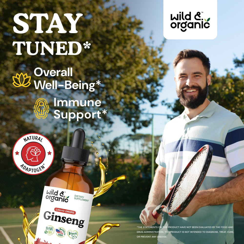 Wild & Organic ginseng liquid drops being poured for balanced energy support.