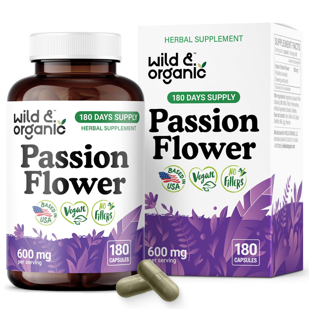 Wild & Organic passion flower capsules bottle for calming mood support