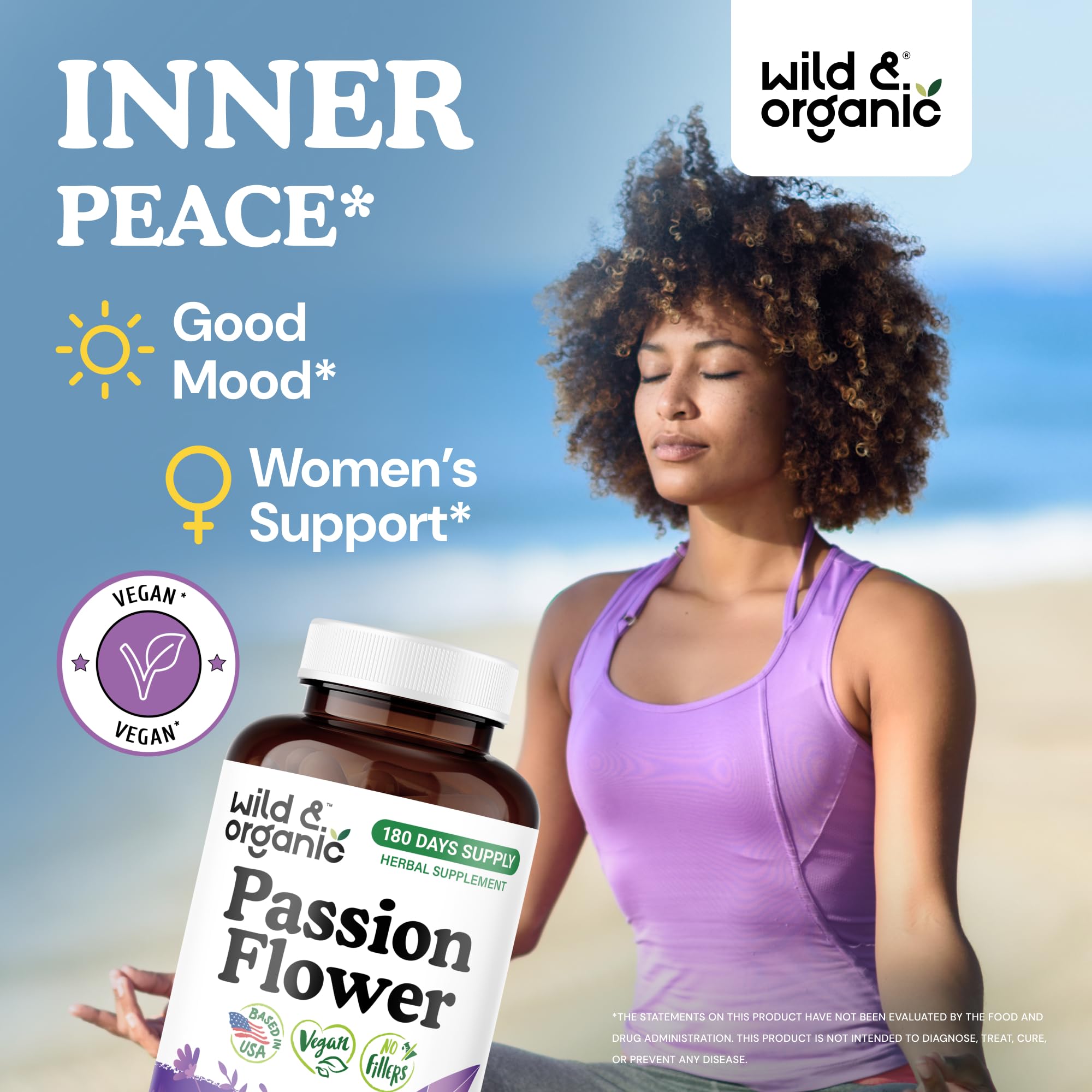 Close-up of Wild & Organic passion flower capsules showing potency