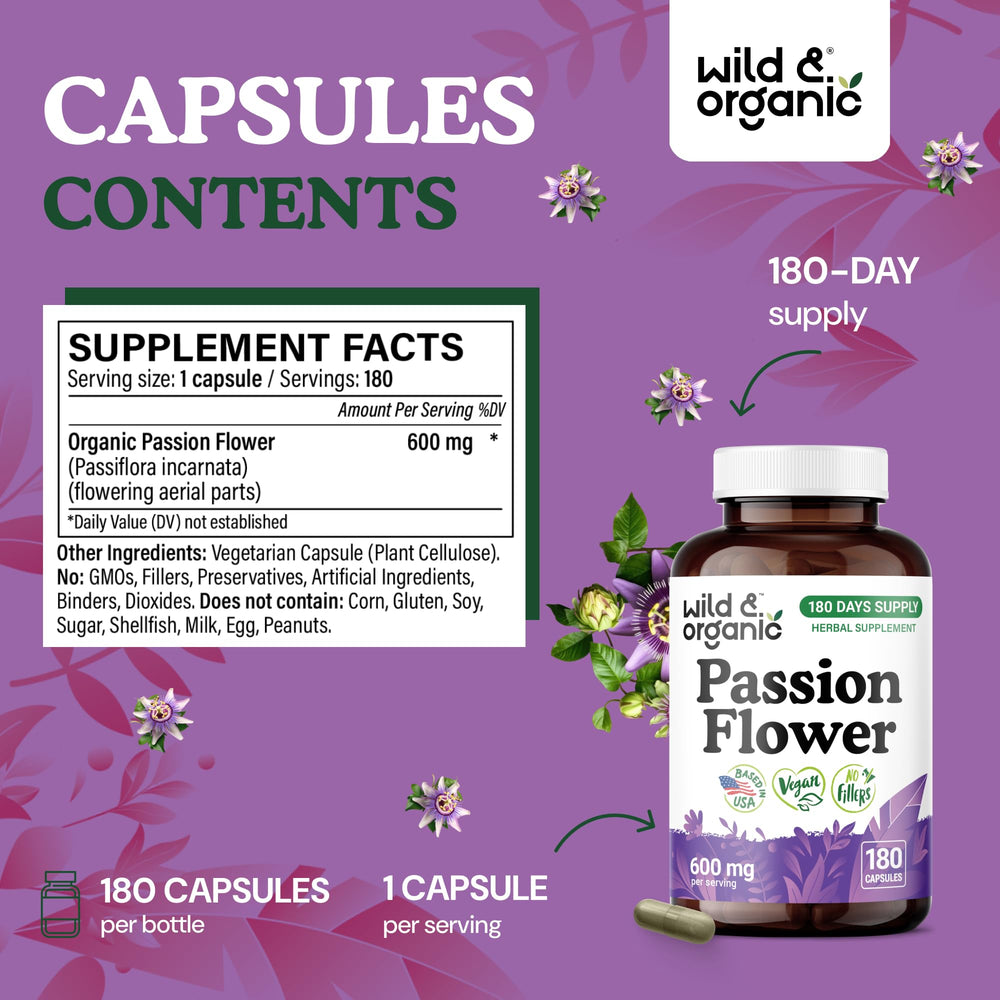 Label detail highlighting vegan, non-GMO formula of passion flower capsules