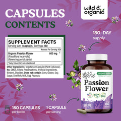 Label detail highlighting vegan, non-GMO formula of passion flower capsules