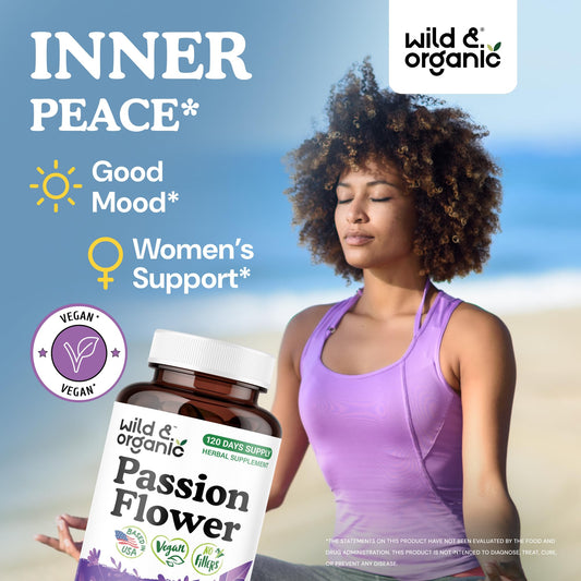 Close-up of Wild and Organic passion flower capsules highlighting vegan formula.