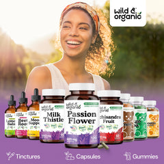 Wild and Organic capsules on display illustrating plant-based, filler-free ingredients.