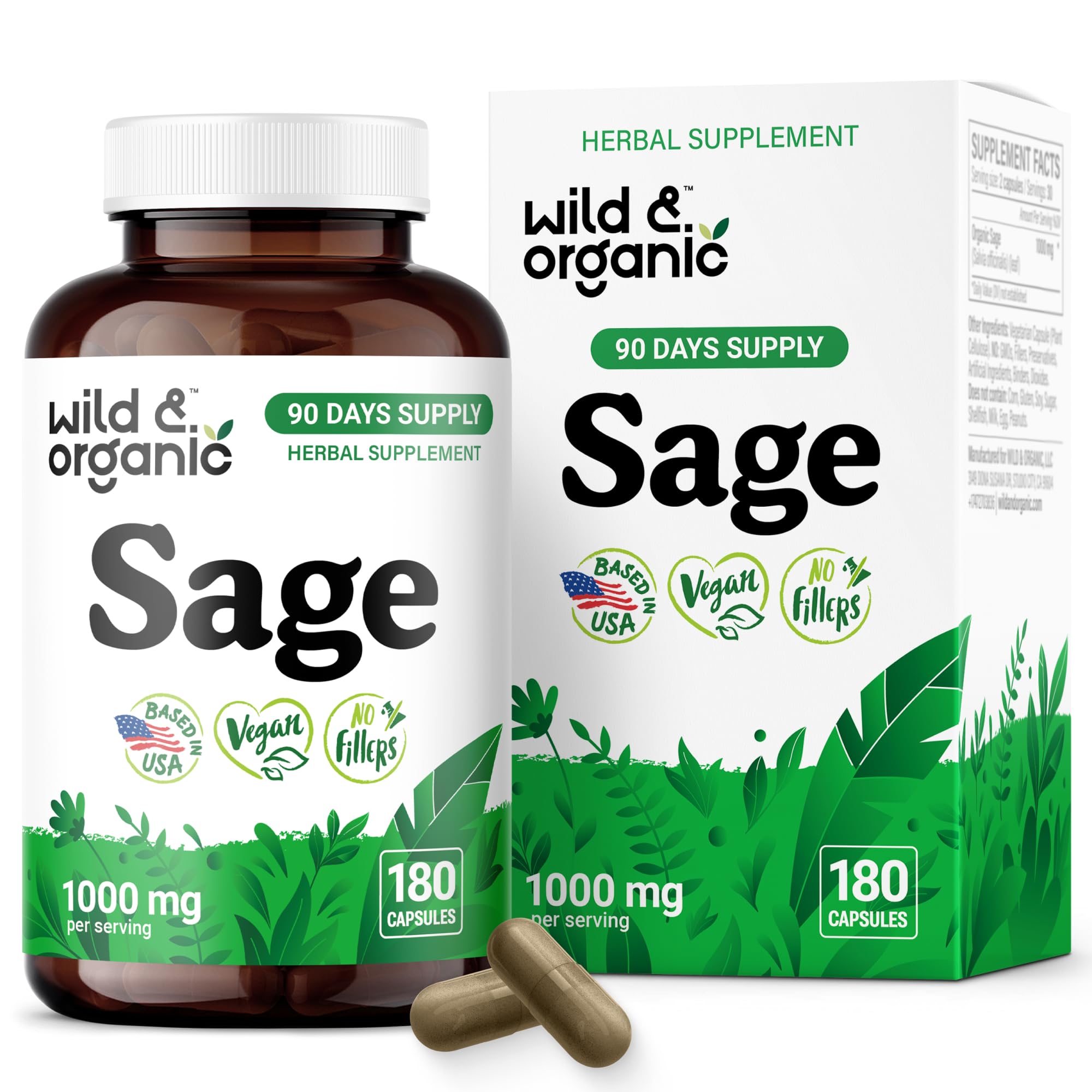 Wild & Organic Sage Capsules bottle front for daily brain support.